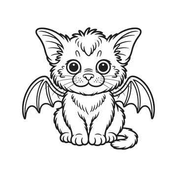 Cute cartoon bat cat sitting on white background with big eyes and wings  a.. Stock Illustration