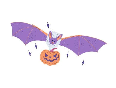Cute cartoon bat with a devilish pumpkin in paws, vector illustration decoration Stock Illustration