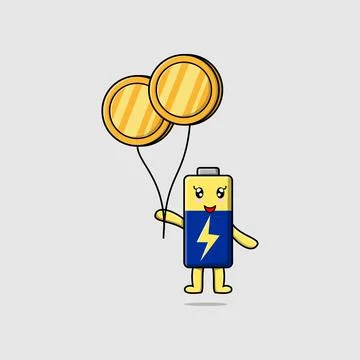 Cute cartoon Battery float with gold coin balloon Stock Illustration
