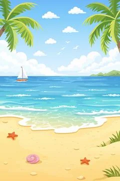 Cute cartoon beach landscape with soft waves, shore, sky and white clouds. Stock Illustration