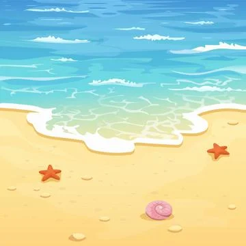 Cute cartoon beach scene with soft waves, sandy shore, seashell and starfish. Stock Illustration