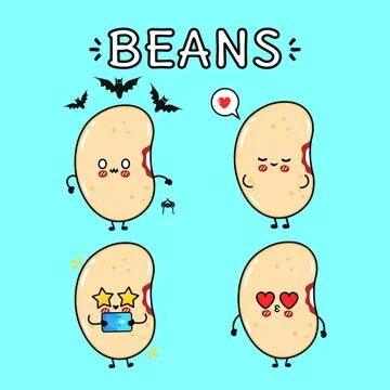 Cute cartoon bean characters expressing different emotions and activities Stock-Illustration