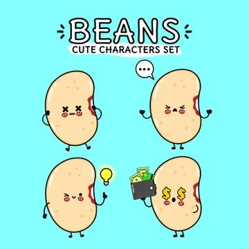 Cute cartoon bean characters with various emotions and actions Stock-Illustration