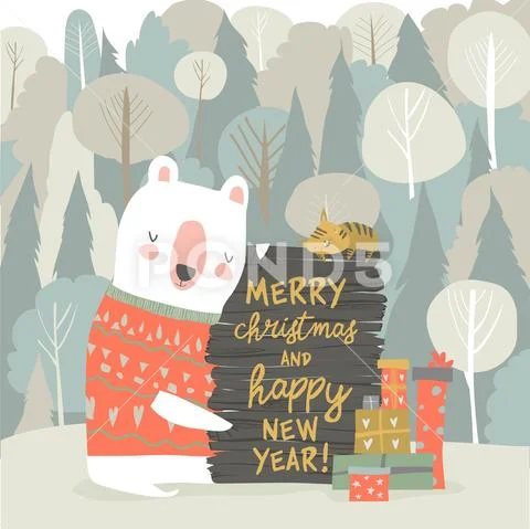 Cute cartoon bear celebrating Christmas in winter forest Stock Illustration