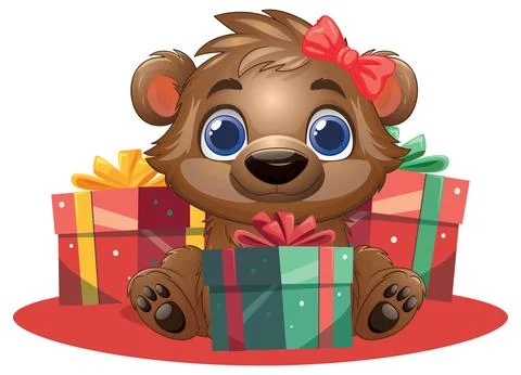 Cute Cartoon Bear Character Sitting with Wrapped Holiday Gift Boxes Stock Illustration