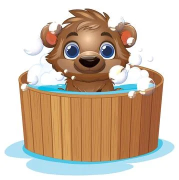 Cute Cartoon Bear Cub Taking a Bubble Bath in Wooden Tub Illustrazione stock