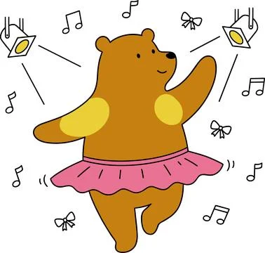 Cute Cartoon Bear Dancing in Pink Tutu with Music Notes. Stock Illustration