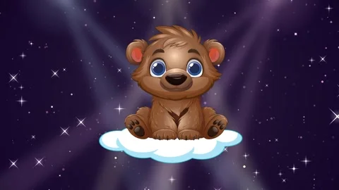 Cute Cartoon Bear Floating on Cloud in Sparkling Night Sky Stock Footage 344377273