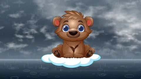 Cute Cartoon Bear Floating on Cloud Over Rainy Ocean Surface Vídeo Stock 344379325