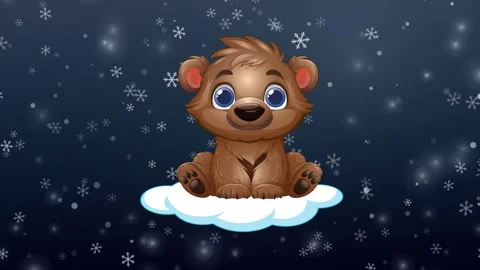Cute Cartoon Bear Floating on a Cloud in Falling Snow Stock Footage 346115806