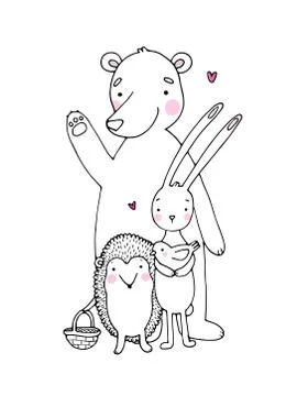 Cute cartoon bear, hedgehog, hare and bird Stock Illustration