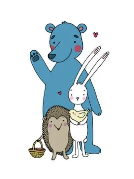 Cute cartoon bear, hedgehog, hare and bird Stock Illustration