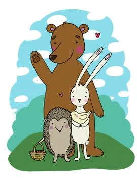 Cute cartoon bear, hedgehog, hare and bird Stock Illustration