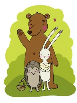 Cute cartoon bear, hedgehog, hare and bird Stock Illustration