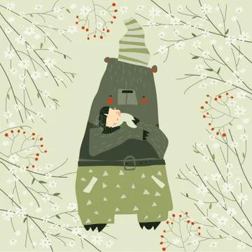 Cute cartoon bear hugging sleeping girl in blossom bushes Stock Illustration