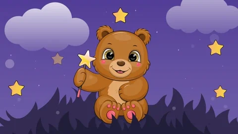 Cute cartoon bear with a magic wand and stars at night. Stock Footage 314314340