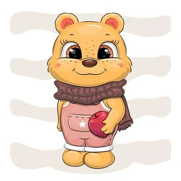 Cute cartoon Bear with red apple and brown scarf. Stock Illustration