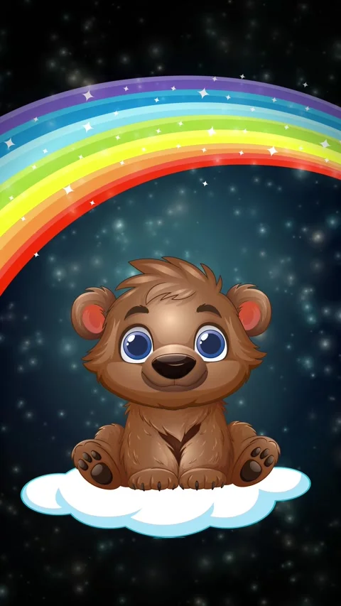 Cute Cartoon Bear Sitting on Cloud Under Rainbow in Night Sky Stock Footage 340759371