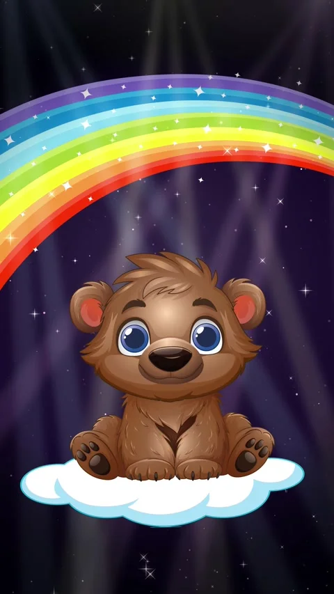 Cute Cartoon Bear Sitting on Cloud Under Rainbow in Night Sky Stock Footage 341549974