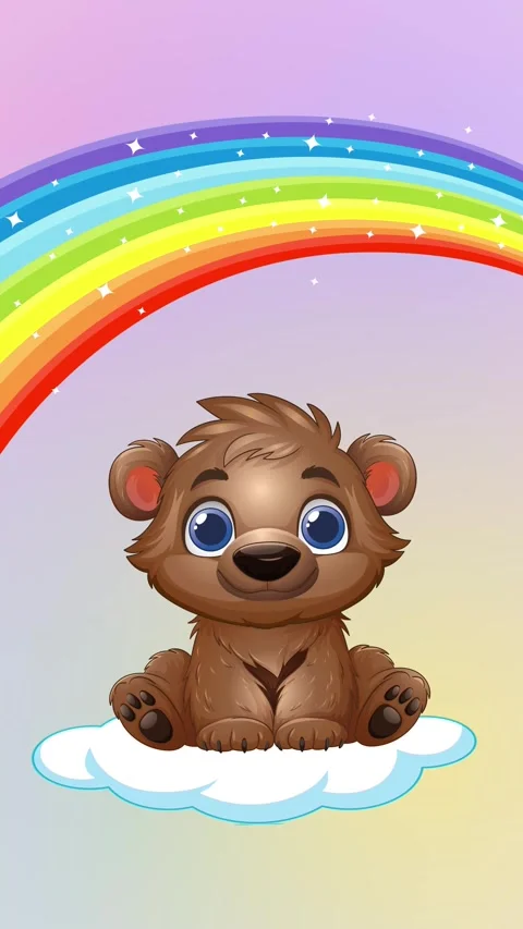 Cute Cartoon Bear Sitting on Cloud Under a Colorful Rainbow Stock Footage 341908164