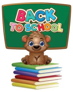 Cute Cartoon Bear Sitting on Stack of Books with Chalkboard Stock Illustration