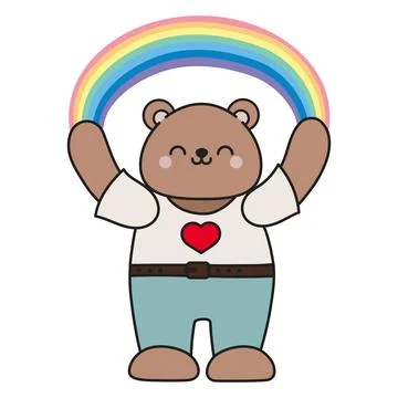 A cute cartoon bear stands with a rainbow over Stock Illustration