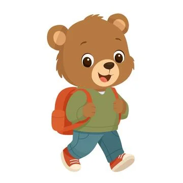 Cute cartoon bear student with backpack walking to school isolated on white.. Stock Illustration