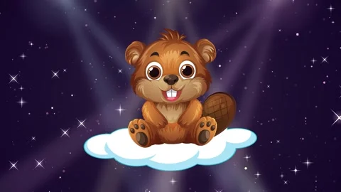 Cute Cartoon Beaver Floating on a Cloud in Starry Space Stock Footage 345125005