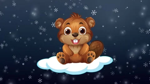 Cute Cartoon Beaver Floating on a Cloud in Falling Snow Stock Footage 345206599