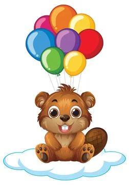 Cute Cartoon Beaver Floating on a Cloud with Colorful Balloons Stock Illustration