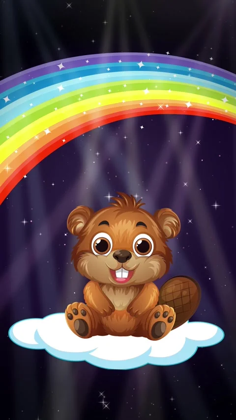 Cute Cartoon Beaver Sitting on Cloud Under Rainbow in Night Sky Stock Footage 341842491