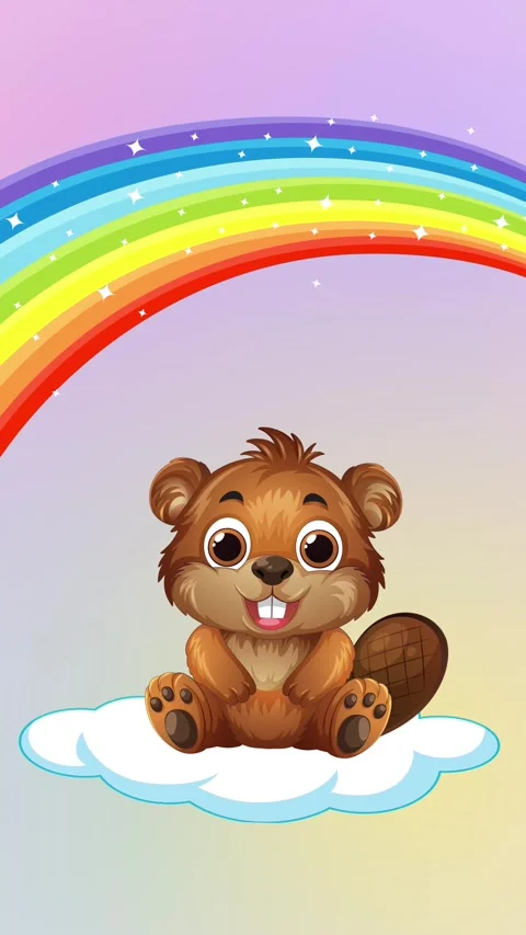 Cute Cartoon Beaver Sitting on Cloud Under Sparkling Rainbow Animation Stock Footage 345125266