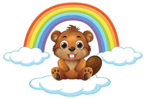 Cute Cartoon Beaver Sitting on Cloud with Rainbow Background Stock Illustration