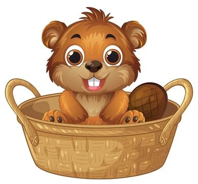 Cute Cartoon Beaver Sitting Inside a Woven Wicker Basket Stock Illustration