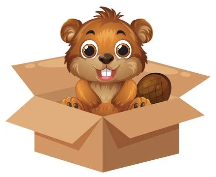 Cute Cartoon Beaver Sitting Inside an Open Cardboard Box Stock Illustration