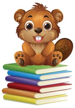 Cute Cartoon Beaver Sitting on a Stack of Colorful Books Stock Illustration