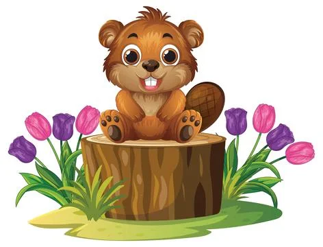 Cute Cartoon Beaver Sitting on a Tree Stump with Tulips Stock Illustration