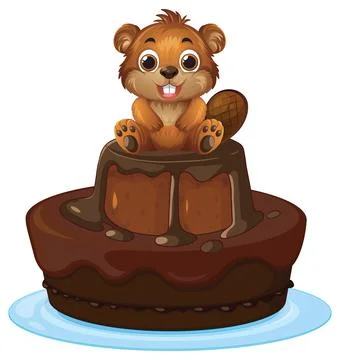 Cute Cartoon Beaver Sitting on a Two Tier Chocolate Cake Illustration Stock Illustration