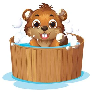 Cute Cartoon Beaver Taking a Bubble Bath in a Wooden Tub Stock Illustration
