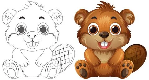 Cute Cartoon Beaver Vector Illustration with Line Art Coloring Page Stock Illustration