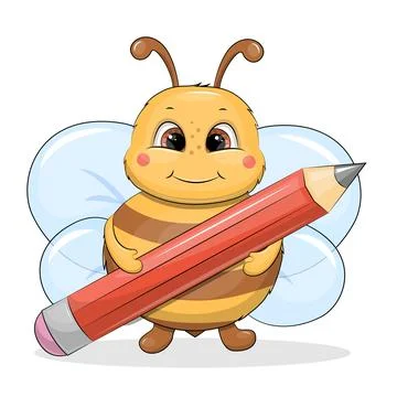 Cute cartoon Bee with a big red pencil. Иллюстрация