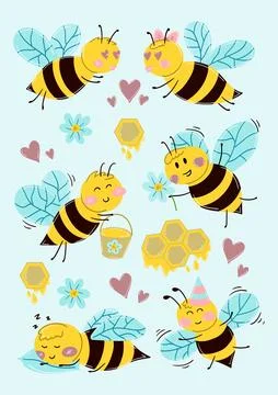 Cute cartoon bees set with funny emotions Stock Illustration