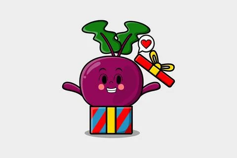Cute cartoon Beetroot character holding gift box Stock Illustration