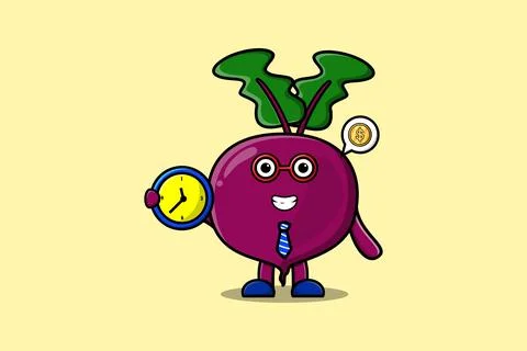 Cute cartoon Beetroot character holding clock Stock Illustration