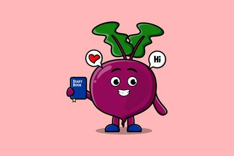 Cute cartoon Beetroot character holding diary book Stock Illustration