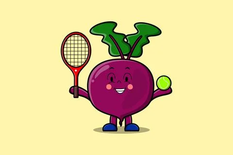 Cute cartoon Beetroot character play tennis field Stock Illustration