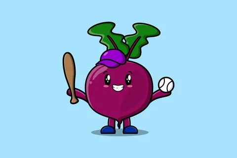 Cute cartoon Beetroot character playing baseball Stock Illustration