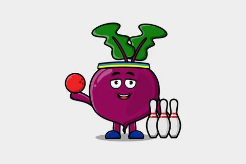 Cute cartoon Beetroot character playing bowling Stock Illustration