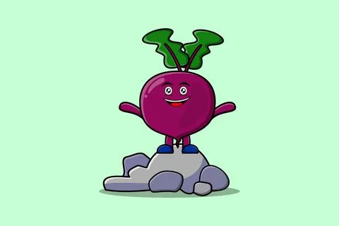 Cute cartoon Beetroot character standing in stone Stock Illustration