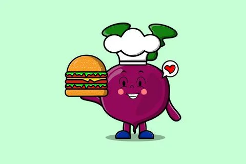 Cute cartoon Beetroot chef character hold burger Stock Illustration